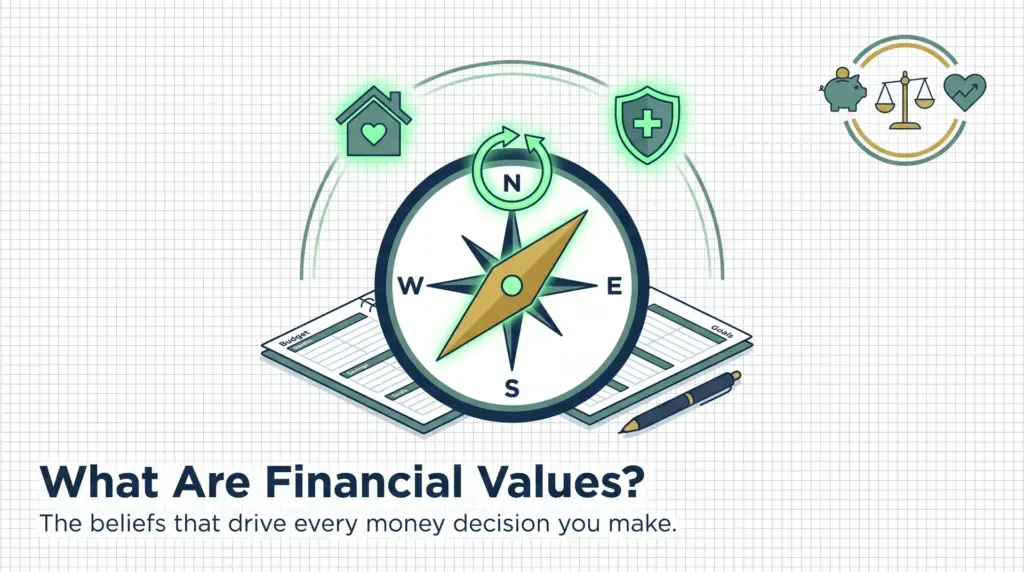 Flat design illustration of a compass pointing toward financial values icons representing security, family, and freedom — featured image for What Are Financial Values