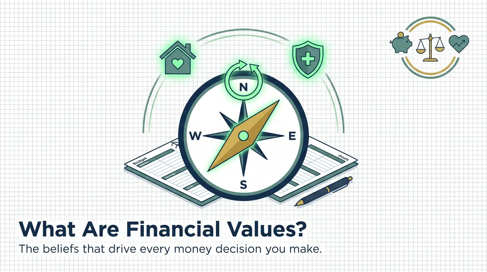 Flat design illustration of a compass pointing toward financial values icons representing security, family, and freedom — featured image for What Are Financial Values