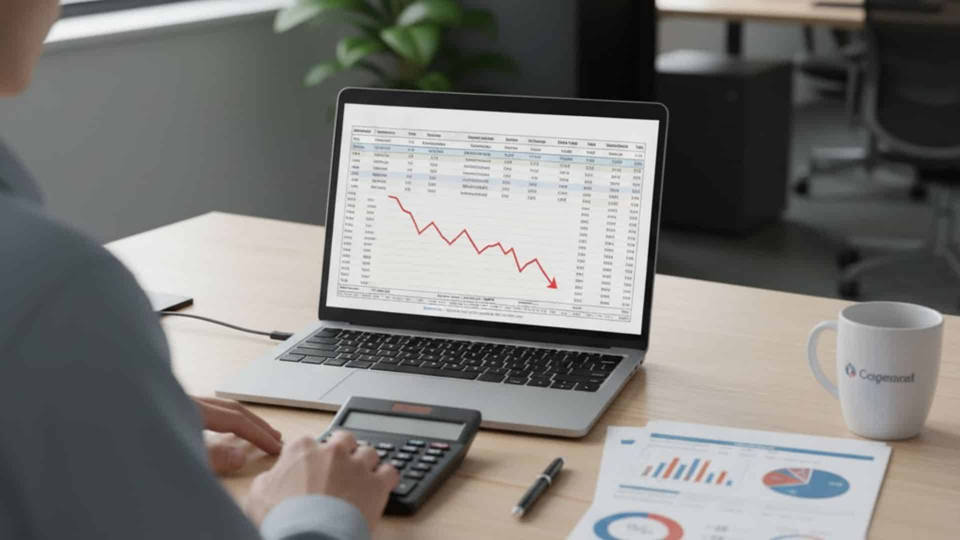Double declining depreciation calculation in Excel with a laptop, calculator, and financial charts
