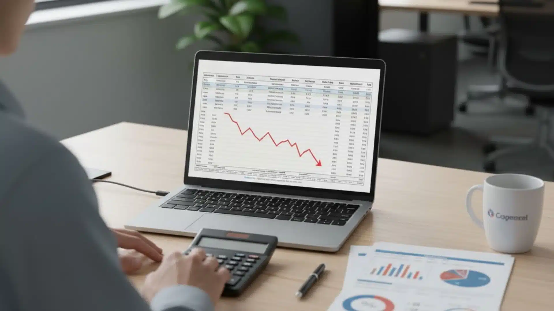 Double declining depreciation calculation in Excel with a laptop, calculator, and financial charts