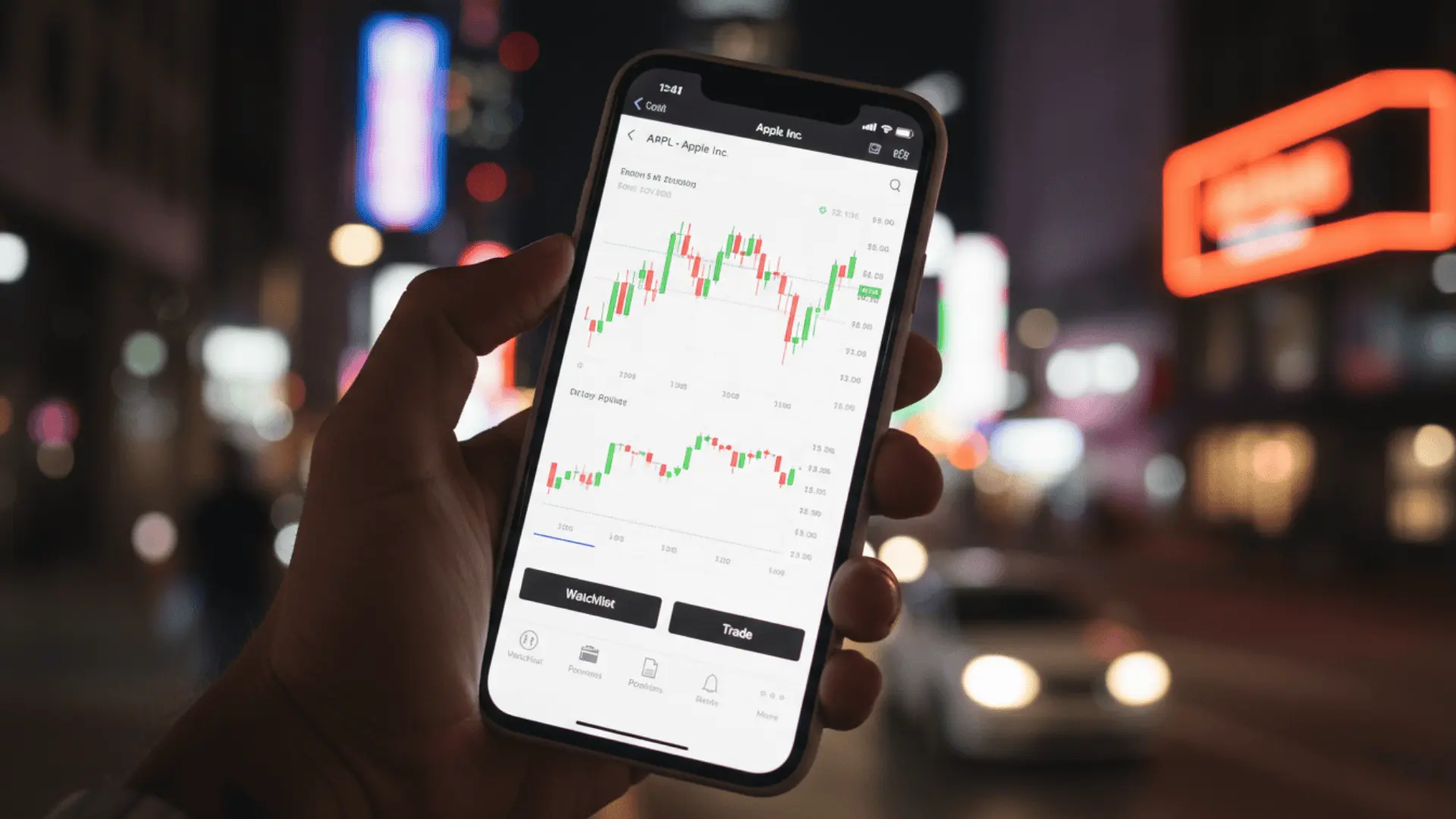 a person holding a phone displaying stock chart data with a cityscape background at night, showcasing market trends