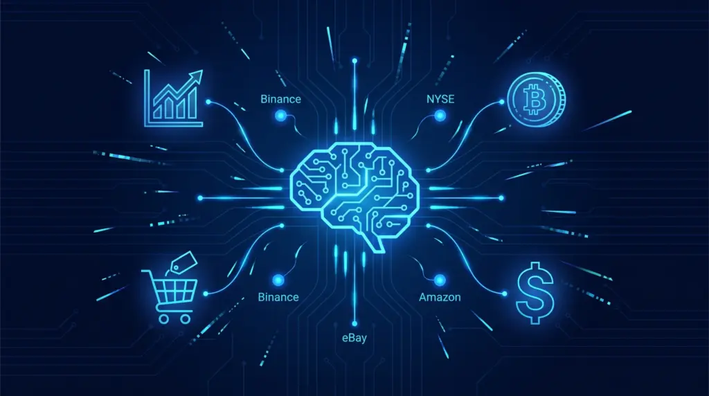 AI arbitrage diagram showing neural network connecting financial markets, crypto exchanges, and e-commerce platforms