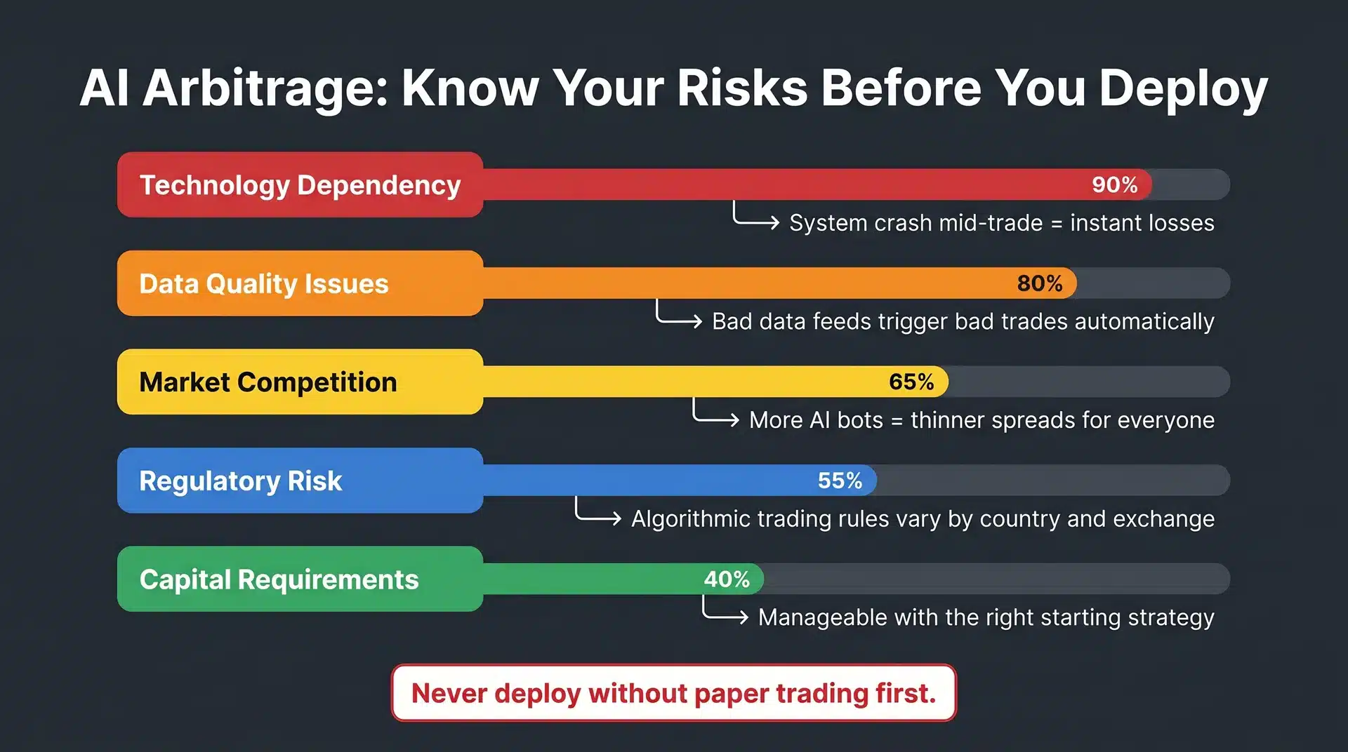 AI arbitrage risk severity chart ranking technology dependency, data quality, market competition, regulatory risk, and capital requirements