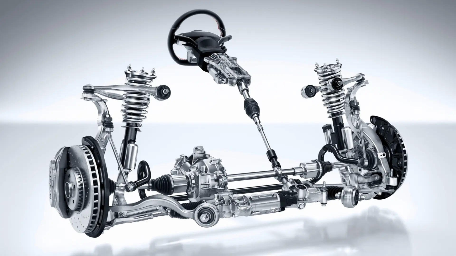 exploded view of a car's full suspension, steering, and brake assembly with all components visible