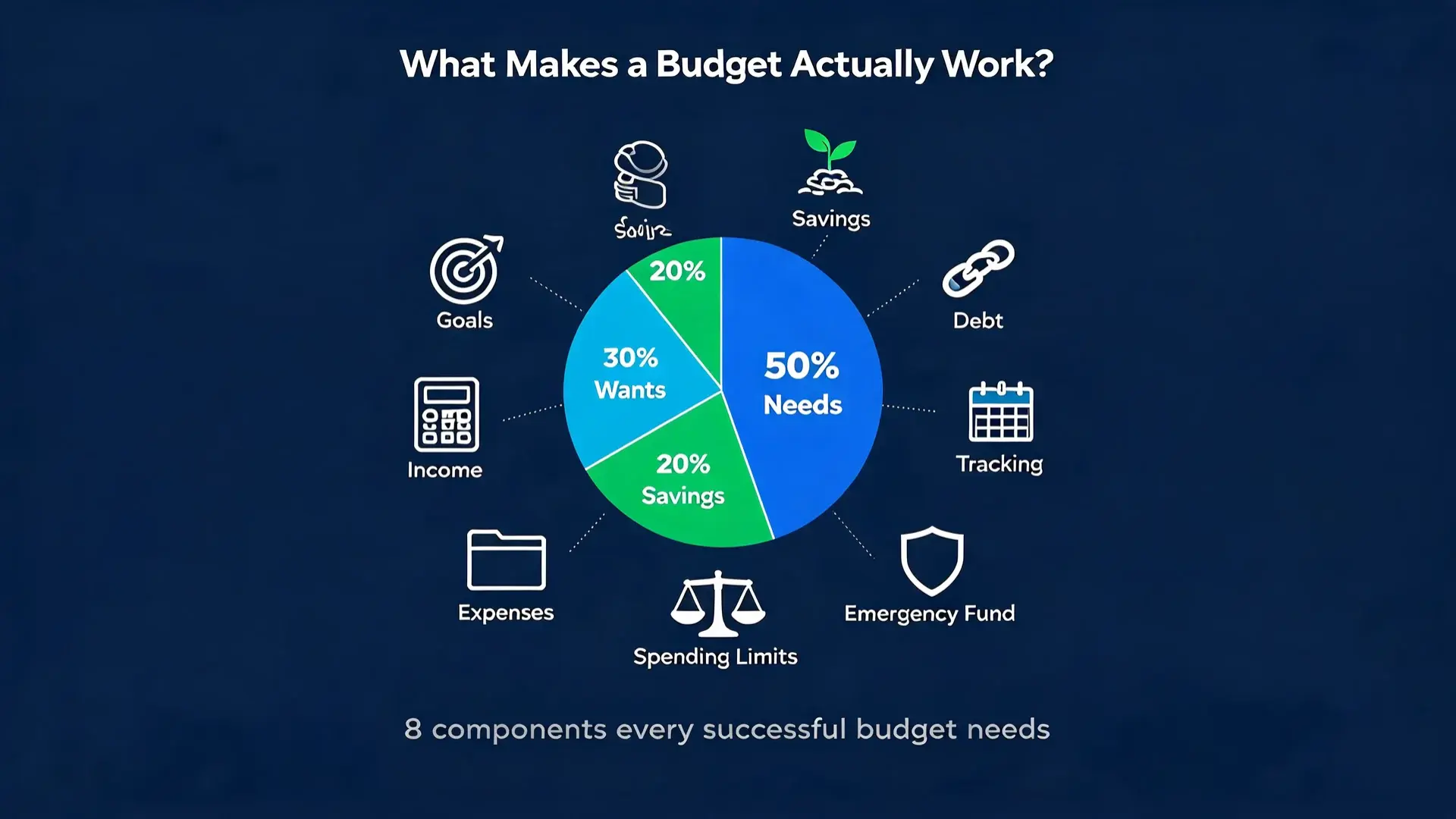 featured infographic showing the eight key components of successful budgeting including savings, and tracking  (1)