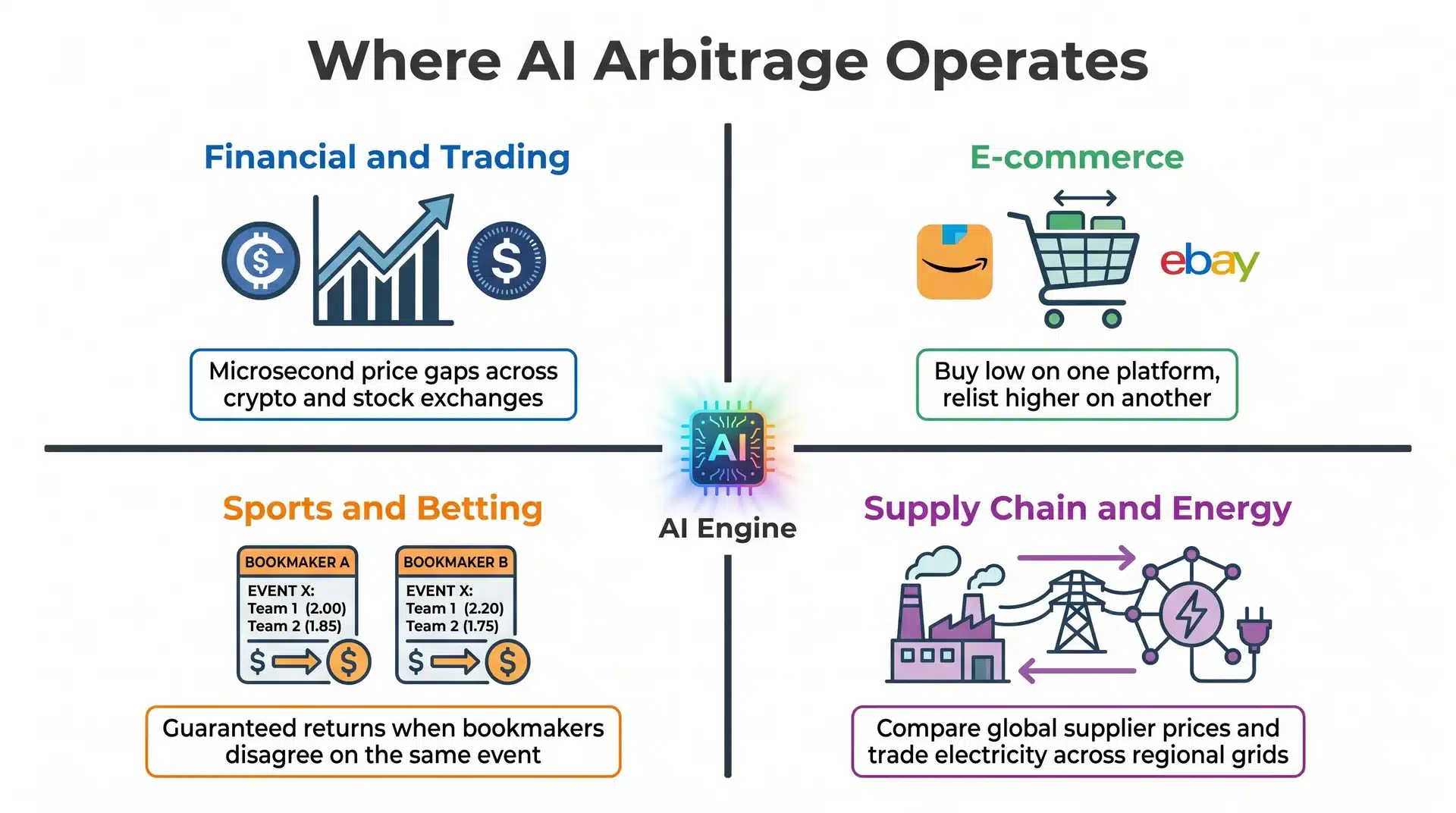 Four types of AI arbitrage infographic covering financial trading, e-commerce, sports betting, and supply chain applications