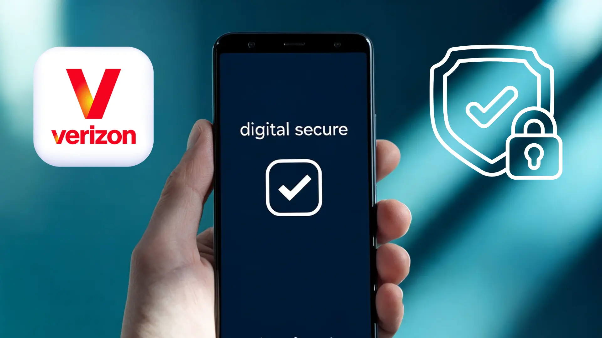 hand holding a phone displaying Verizon Digital Secure app with a checkmark icon on screen