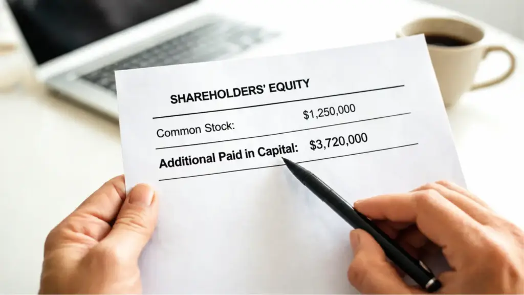 hands holding a shareholders' equity document showing common stock and additional paid-in capital figures