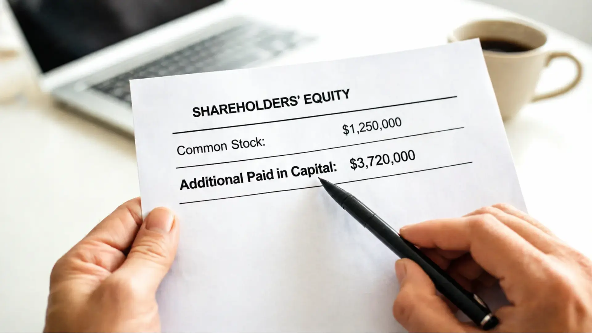 hands holding a shareholders' equity document showing common stock and additional paid-in capital figures