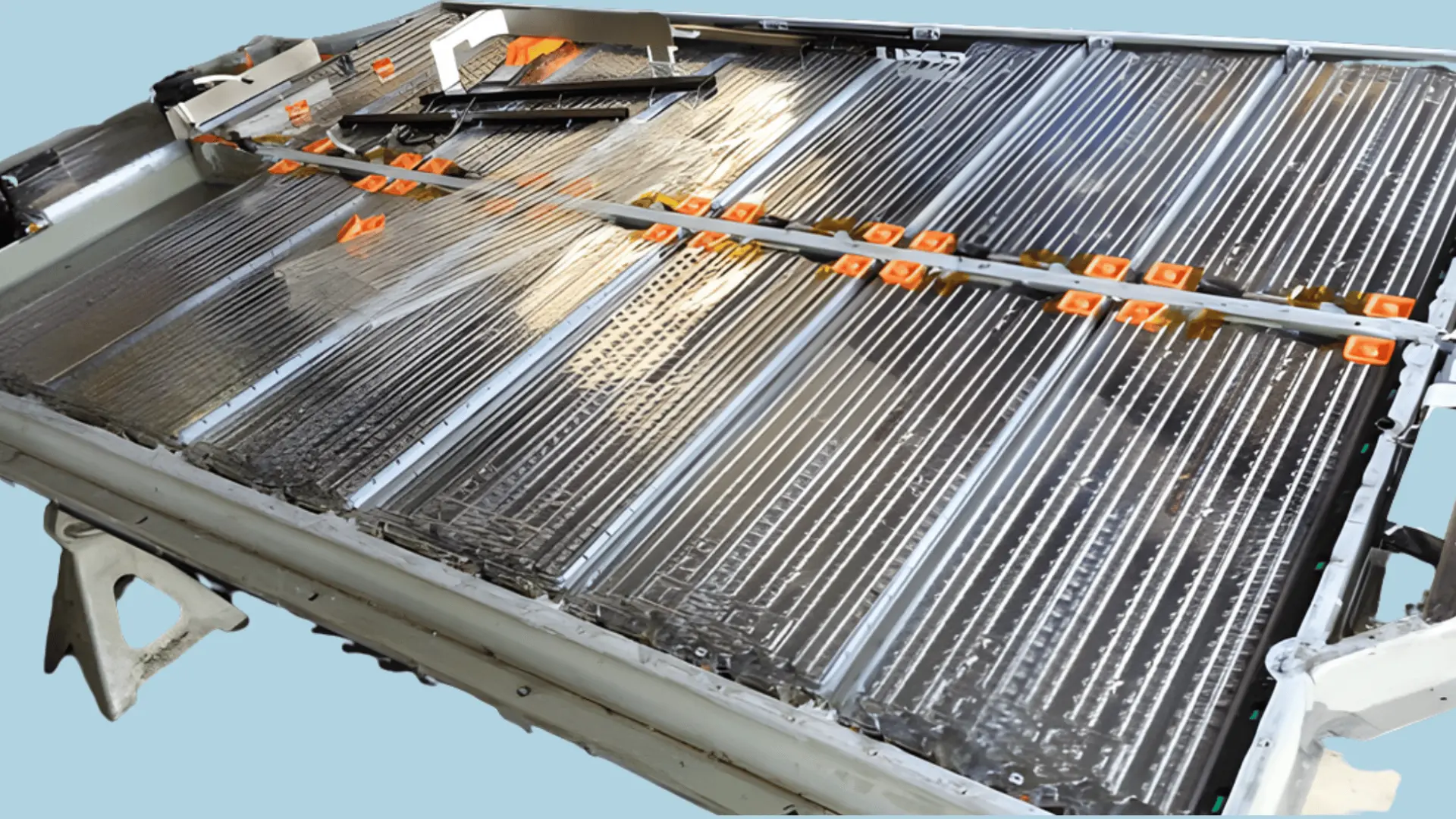 interior of a tesla battery pack opened up, exposing densely packed rectangular cell modules with orange connectors