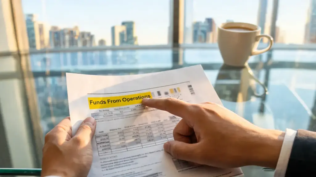 investor analyzing funds from operations report with city real estate skyline in background