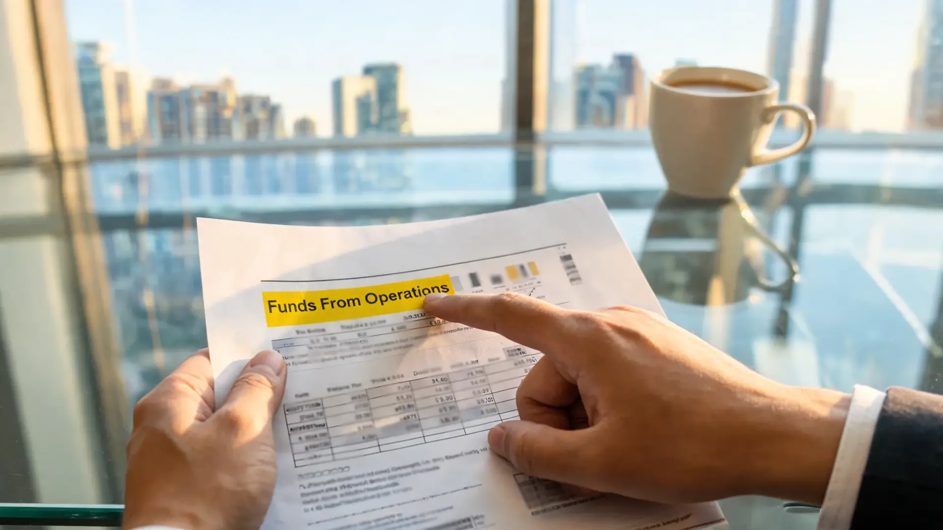 investor analyzing funds from operations report with city real estate skyline in background