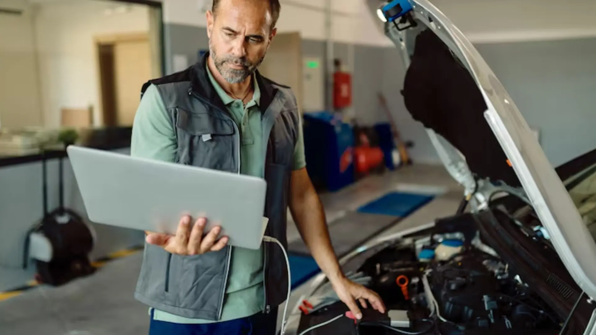 male diagnostic specialist holding a laptop connected to a car with its hood open in a garage
