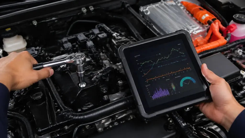 technician holding a diagnostic tablet with live data charts while using a ratchet on an ev engine bay (1)