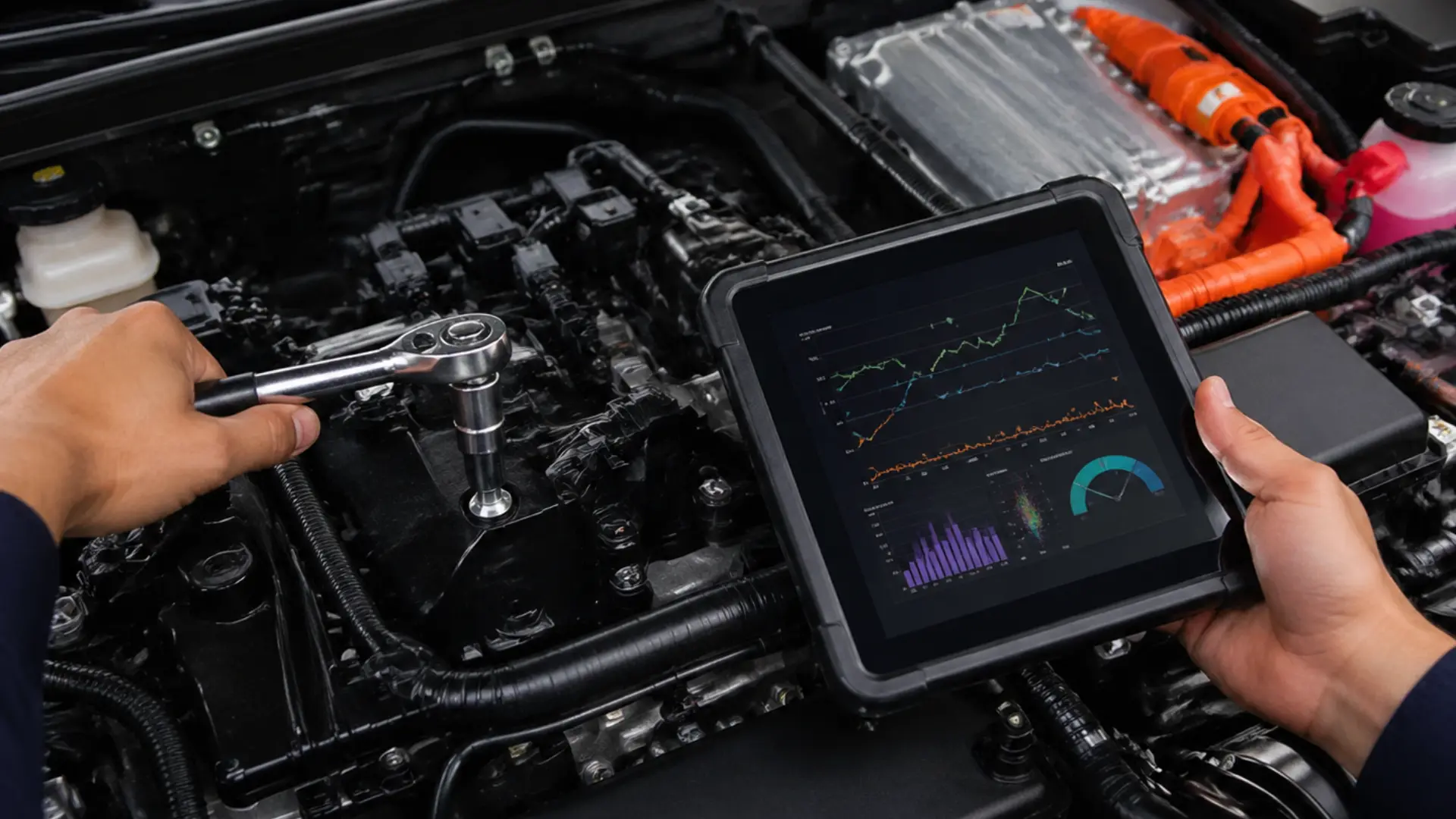 technician holding a diagnostic tablet with live data charts while using a ratchet on an ev engine bay (1)