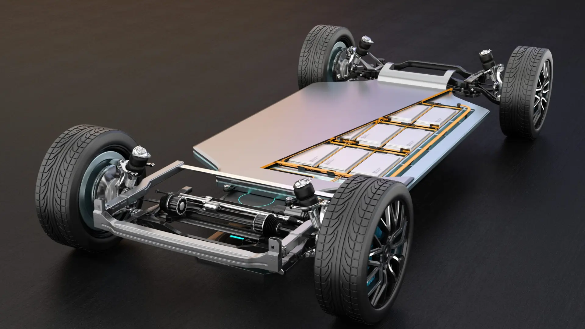 three d cutaway of an EV chassis revealing battery modules, motor, axles, and full underbody layout