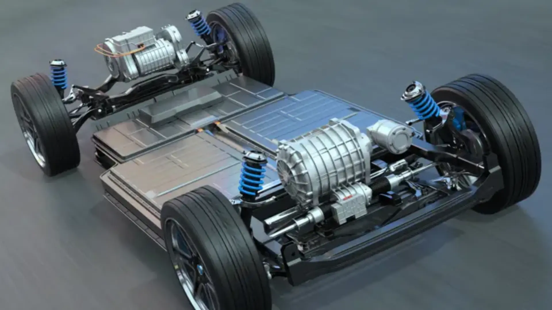 three d render of an electric vehicle skateboard platform showing dual motors, battery pack, and suspension