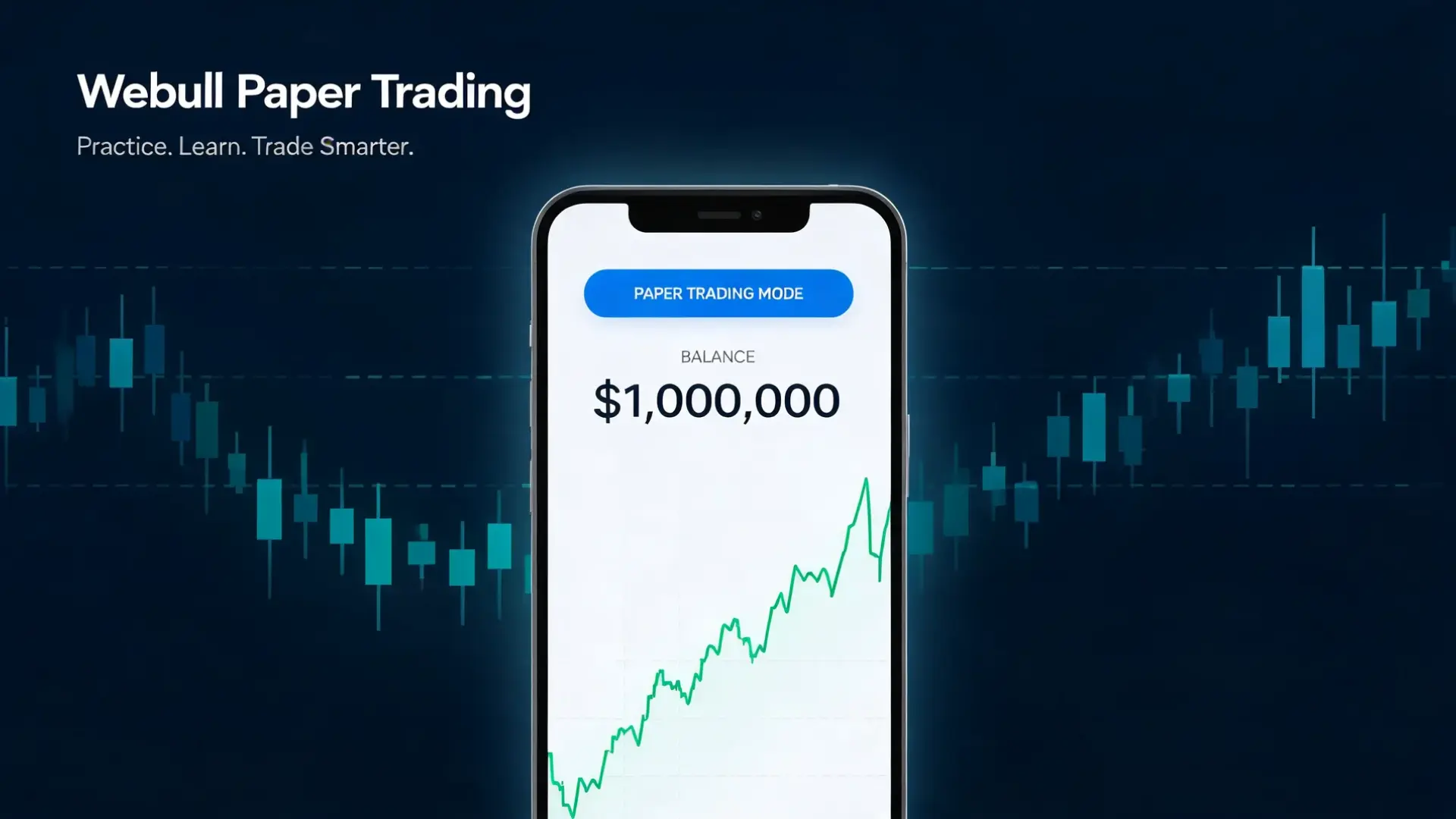 webull app on a phone displaying paper trading mode with a virtual balance and an upward green chart (1)
