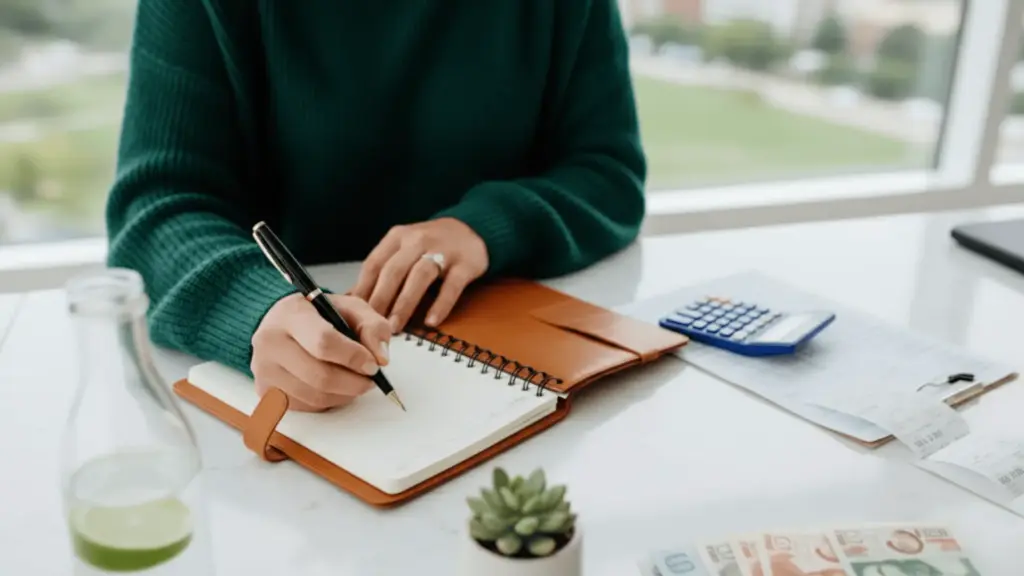 Woman writing in a notebook at a desk with a calculator, receipts, and cash for budget planning