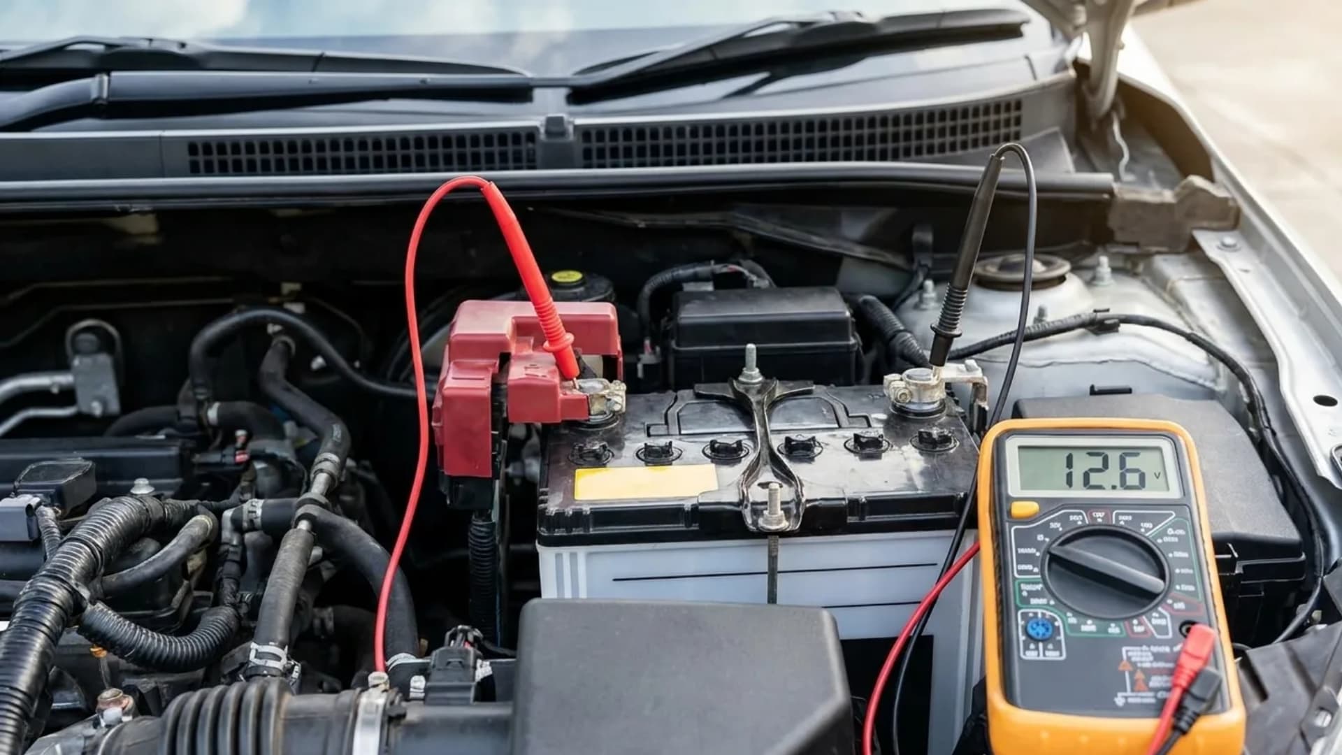 car battery under open hood with engine off, digital yellow multimeter connected to battery terminals using red and black probe