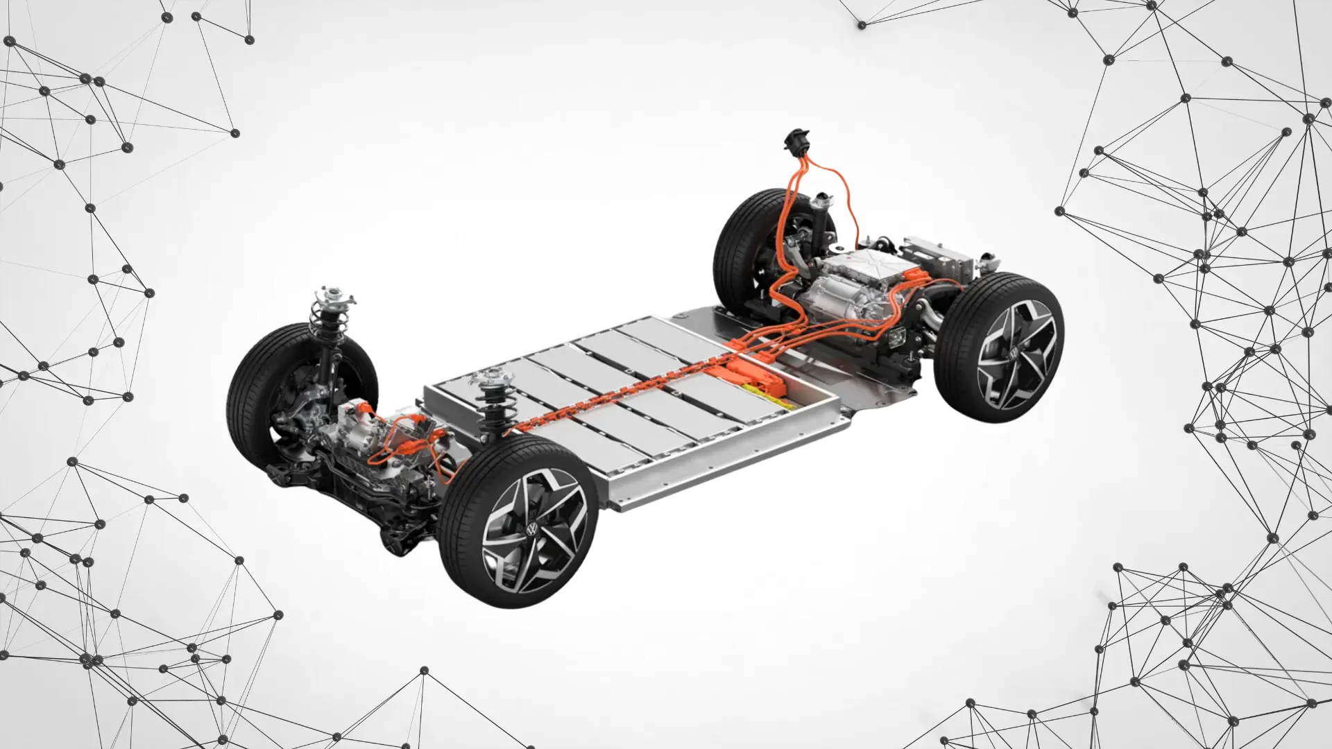 cutaway view of an electric vehicle chassis showing battery pack, orange wiring, motors, and all four wheels