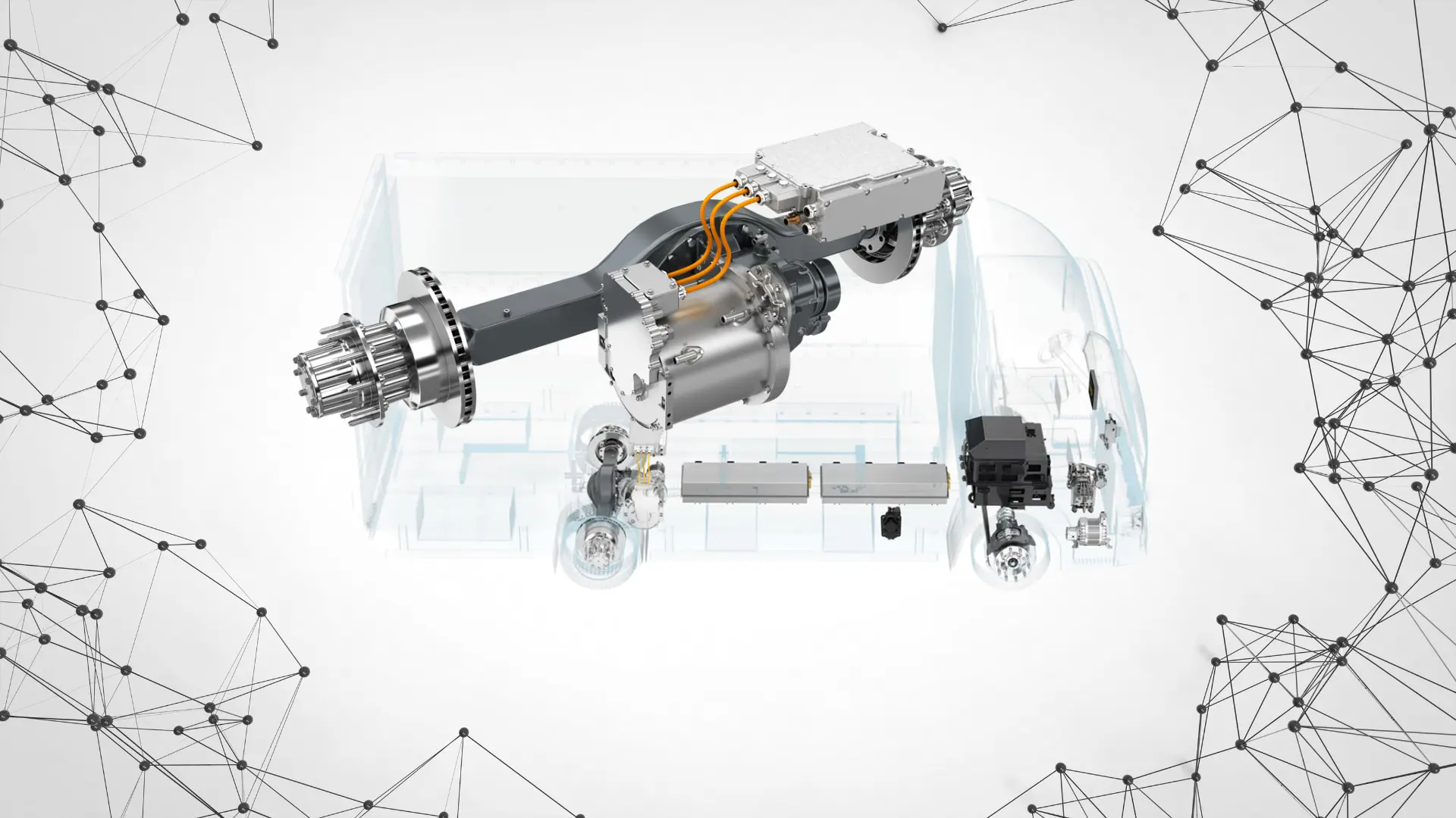 detailed regenerative braking system diagram with motor generator unit, orange wiring, gear shaft, and supporting components