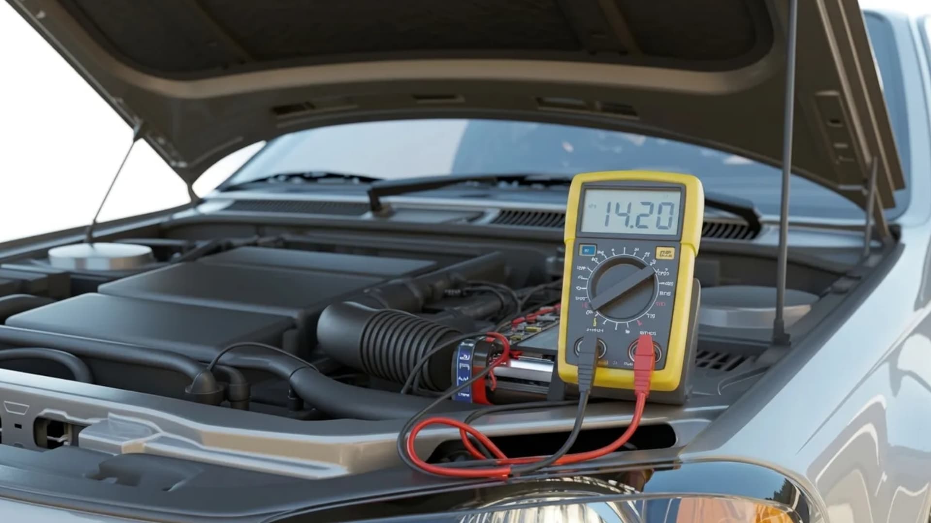 digital multimeter connected to car battery under open hood, showing 14.2 volts, checking alternator charging output with engine running
