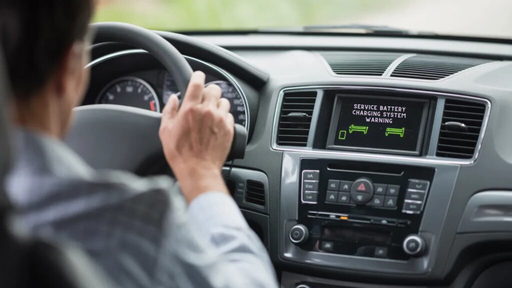 driver holding steering wheel while dashboard displays service battery charging system warning message on car infotainment screen inside vehicle interior