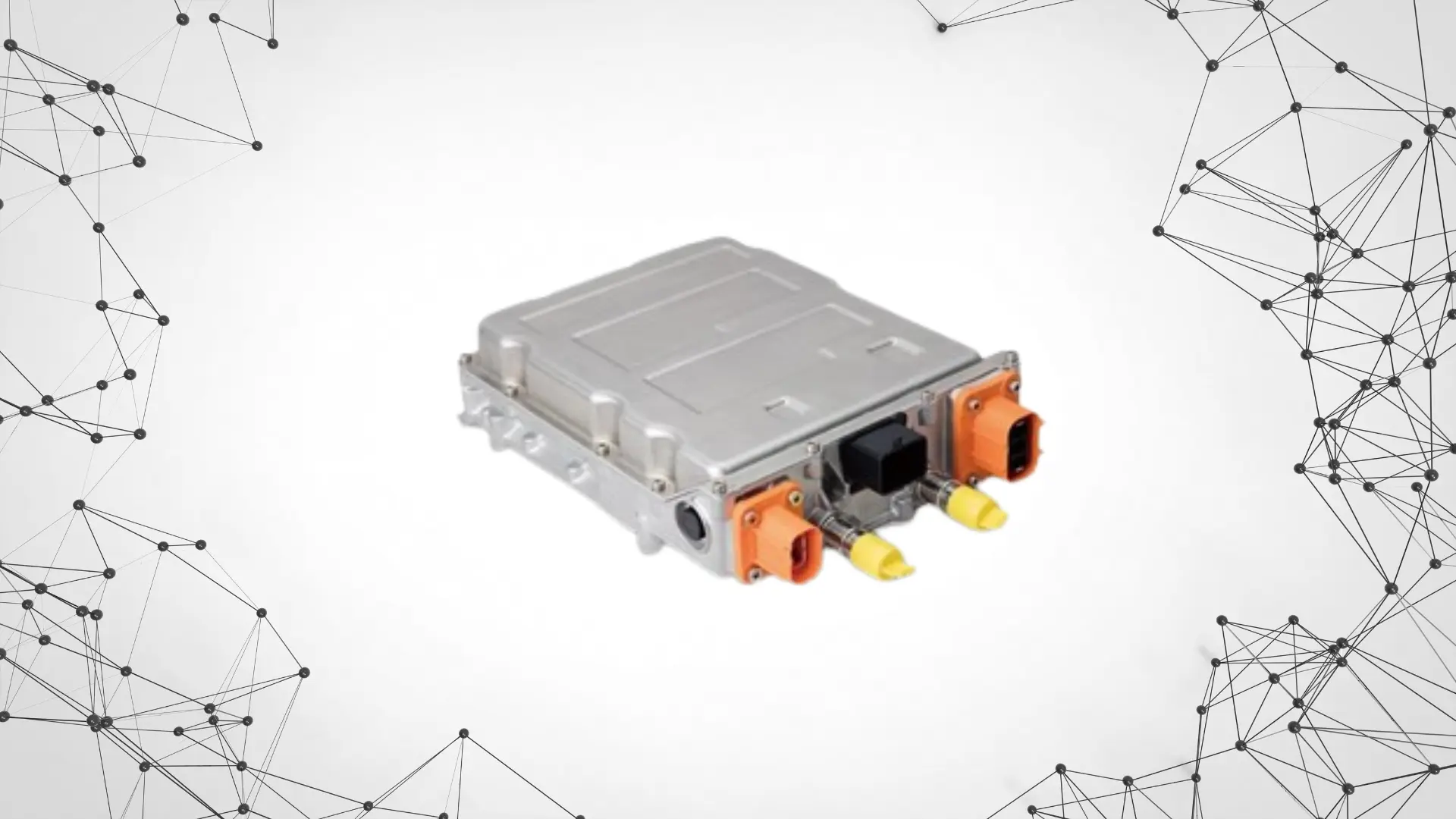 ev power electronics control unit with aluminum casing, orange high-voltage connectors, black data port, and yellow caps