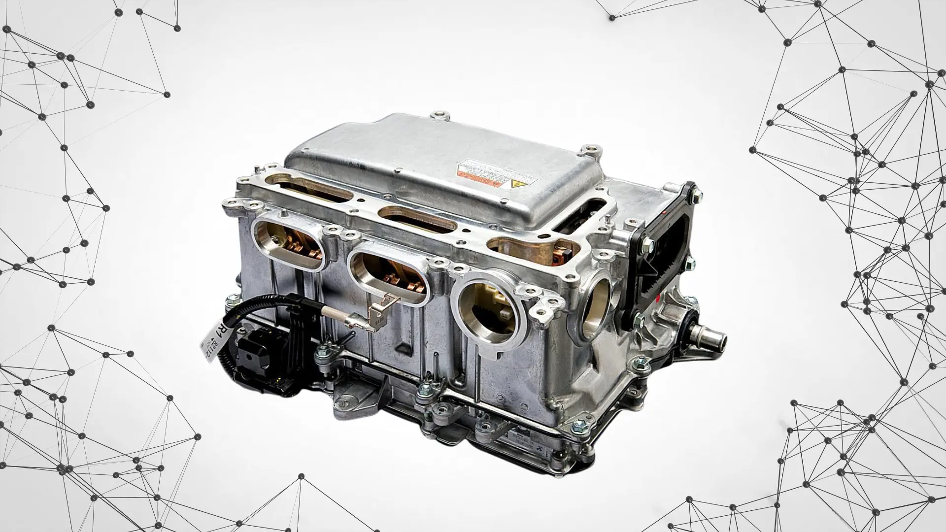 ev power inverter component with open phase openings, copper windings, black sensor connector, and metal bolt flanges