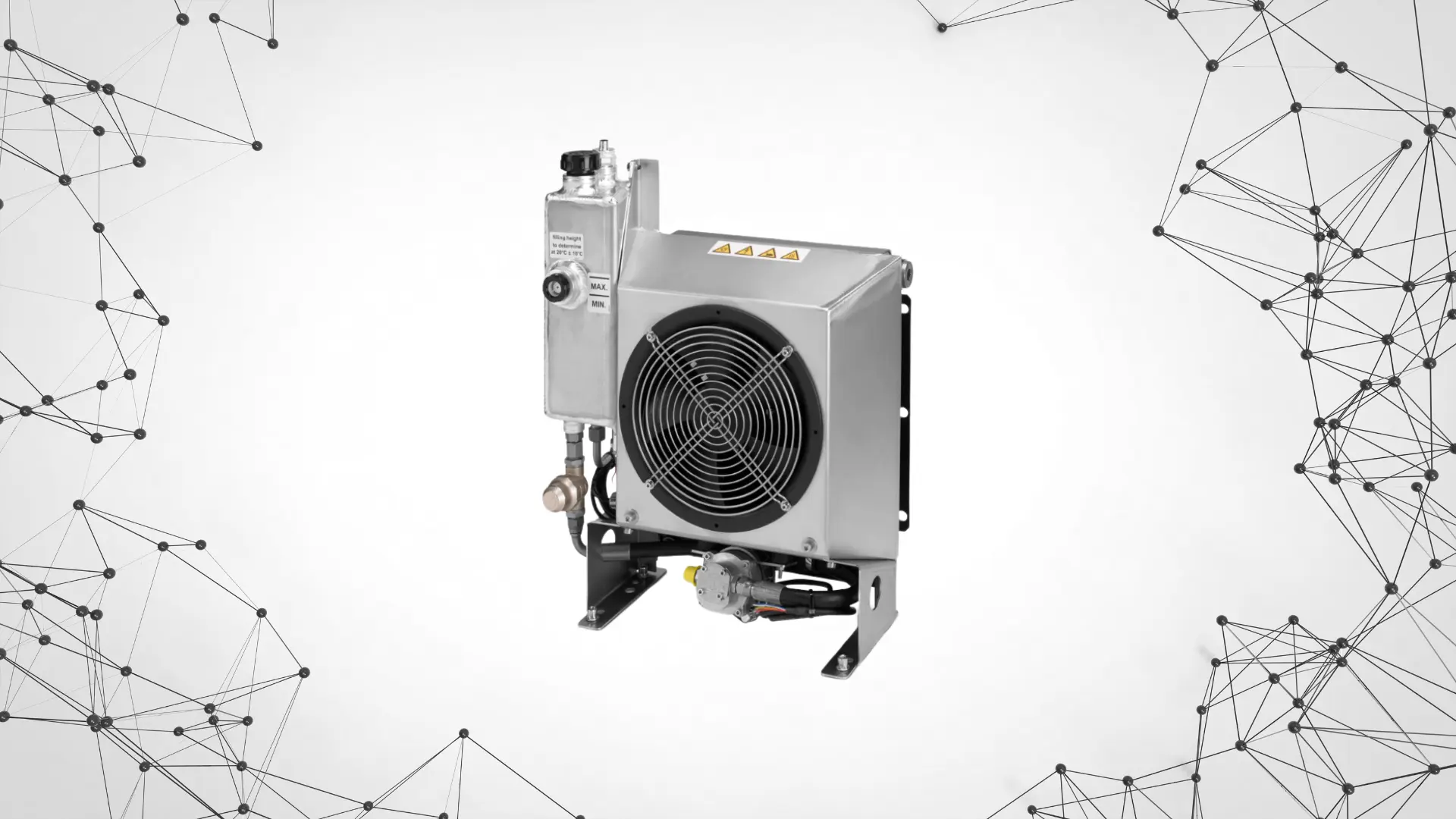 ev thermal management unit with aluminum housing, circular cooling fan, fluid reservoir, coolant pipes, and warning labels