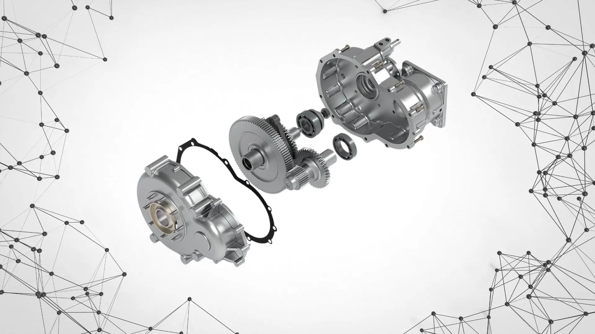 exploded view of an ev single-speed transmission showing gear set, bearings, gasket, and two aluminum housing halves