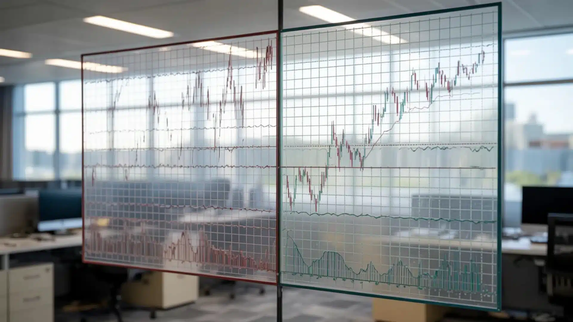 glass board in office displaying multiple stock charts with fluctuating lines and stable patterns, showing market trends in a professional workspace setting