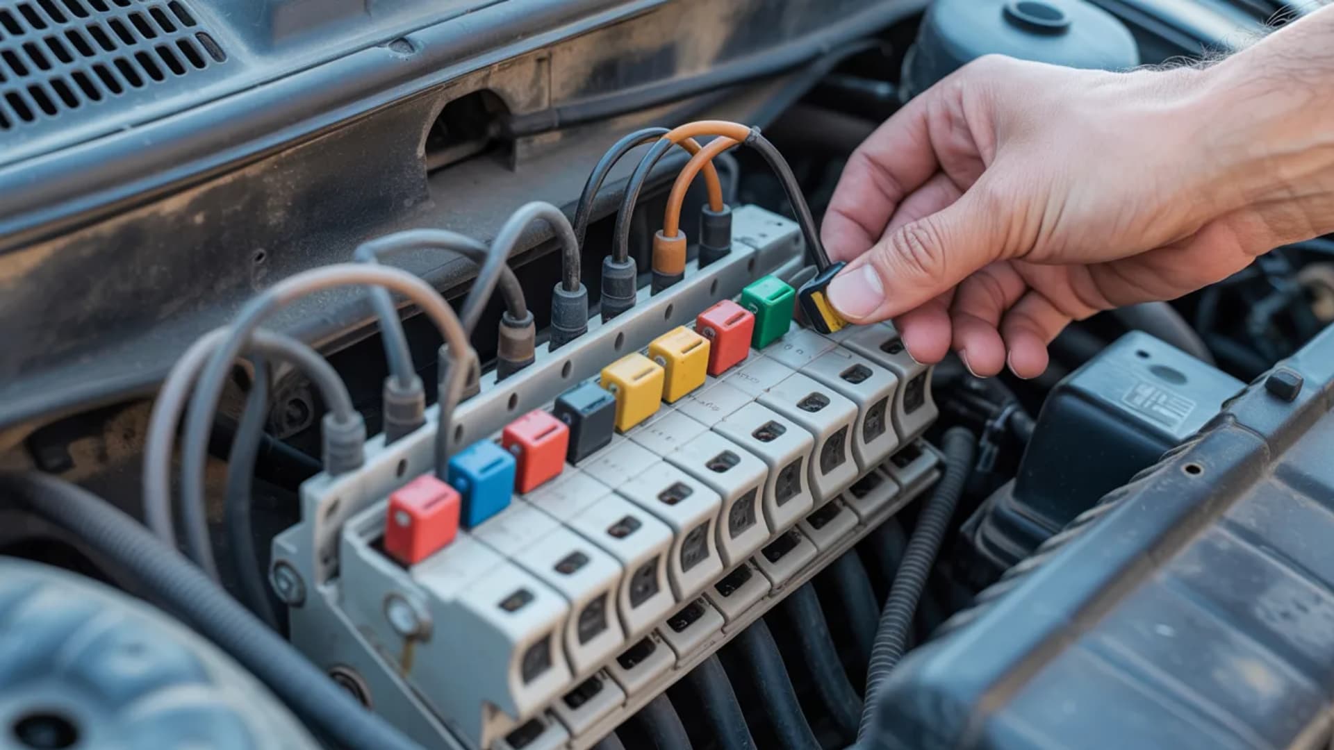 hand removing fuse from car fuse box under hood, checking electrical connections and identifying blown fuse affecting battery charging system performance