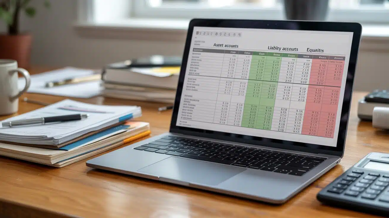 laptop on a table showing a comparison of debits and credits across asset, liability, and equity accounts.