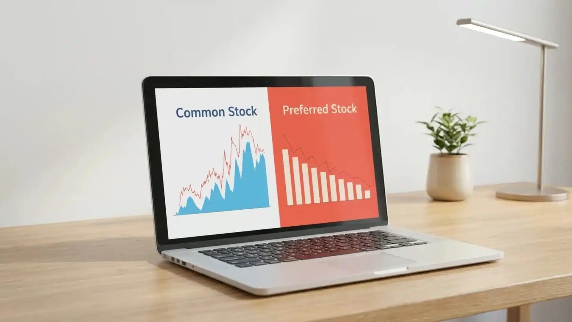 laptop on desk displaying comparison of common stock growth chart and preferred stock declining bars in a clean modern workspace