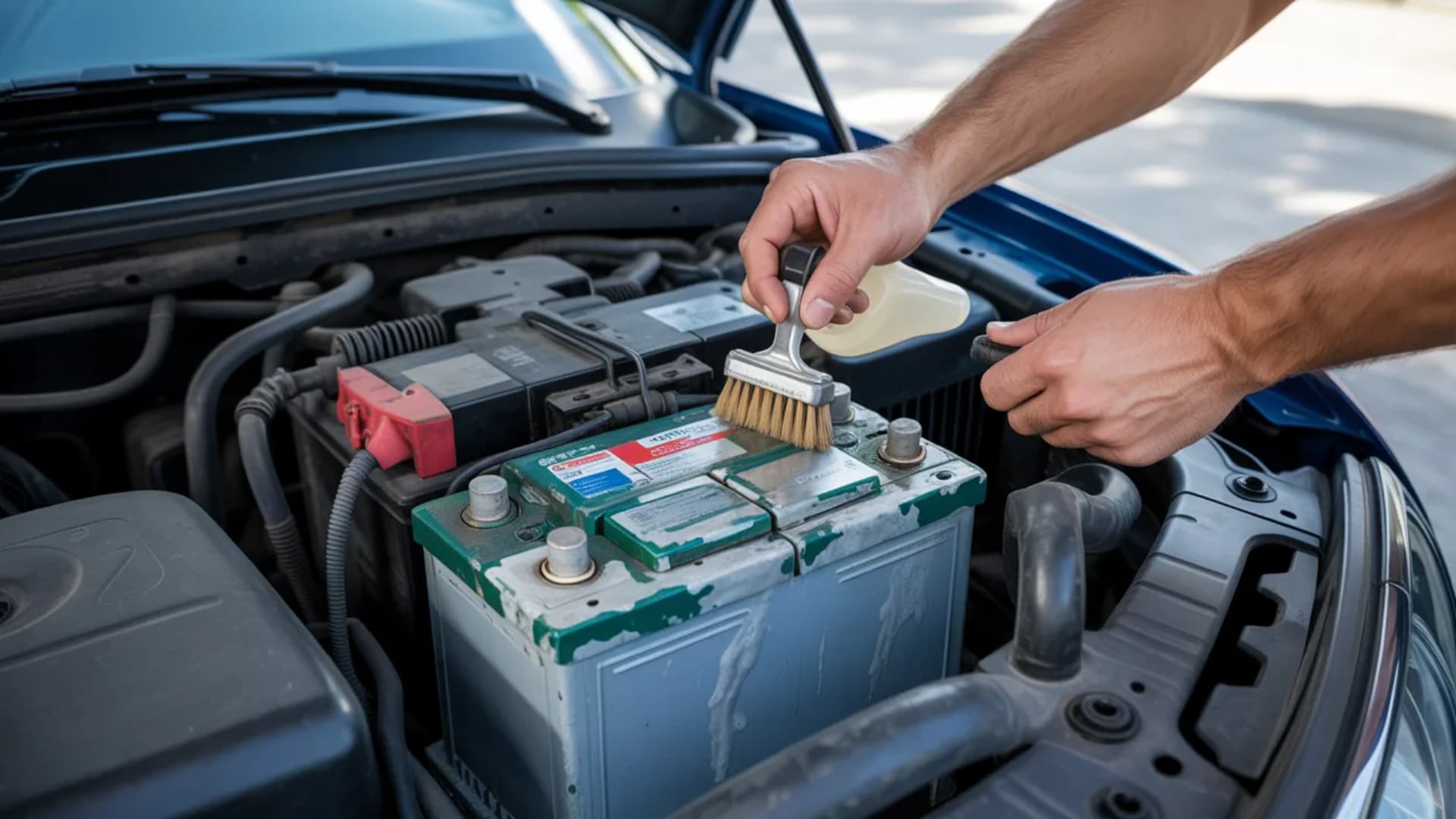 person cleaning car battery terminals with brush and solution under open hood, removing corrosion buildup for better electrical connection performance