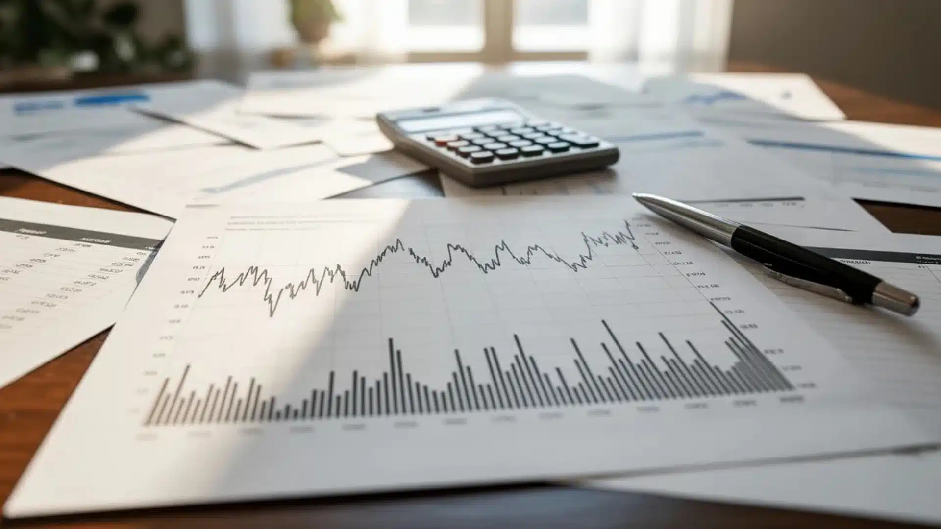 printed financial reports and charts spread out, one paper showing fluctuating stock line graph, another showing stable dividend style bars, calculator and pen
