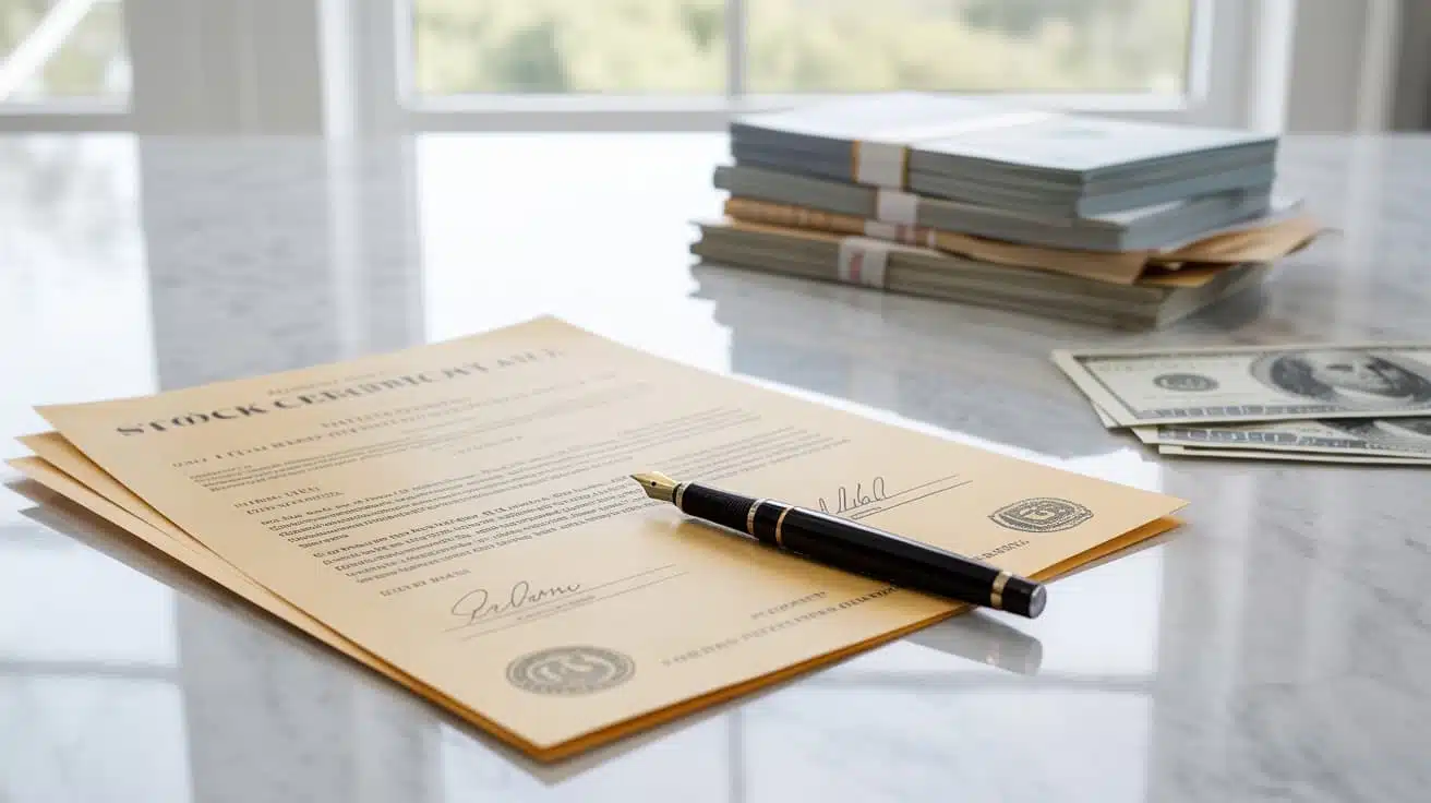 printed stock certificate with corporate seal and fountain pen on white marble desk with financial documents