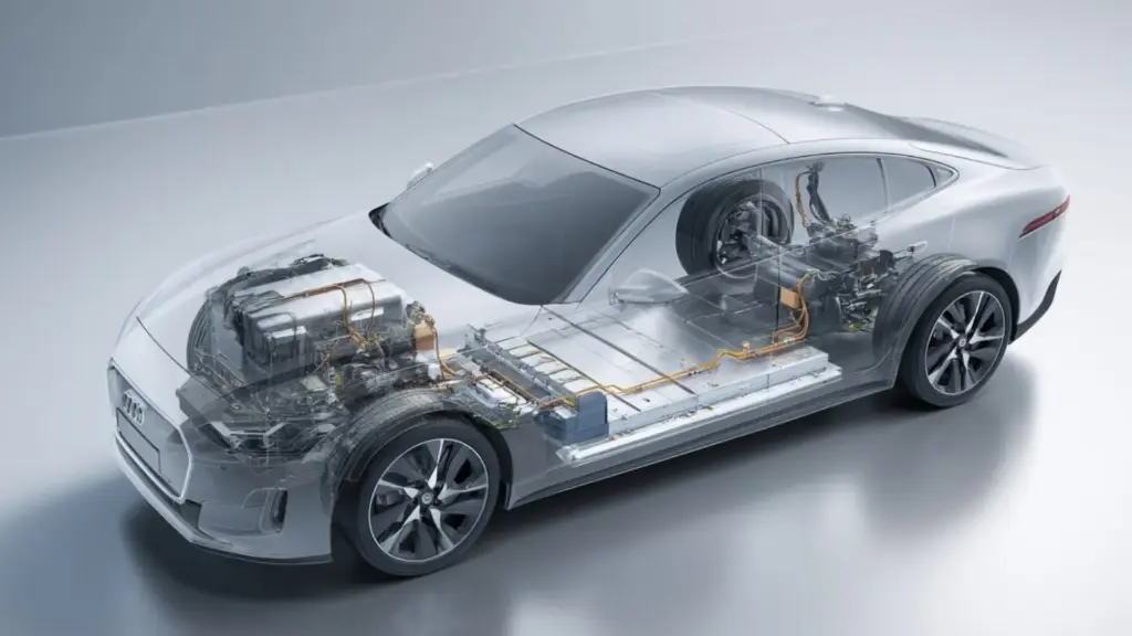 see-through electric vehicle diagram revealing flat battery pack, front and rear motors, and gold power cable routing