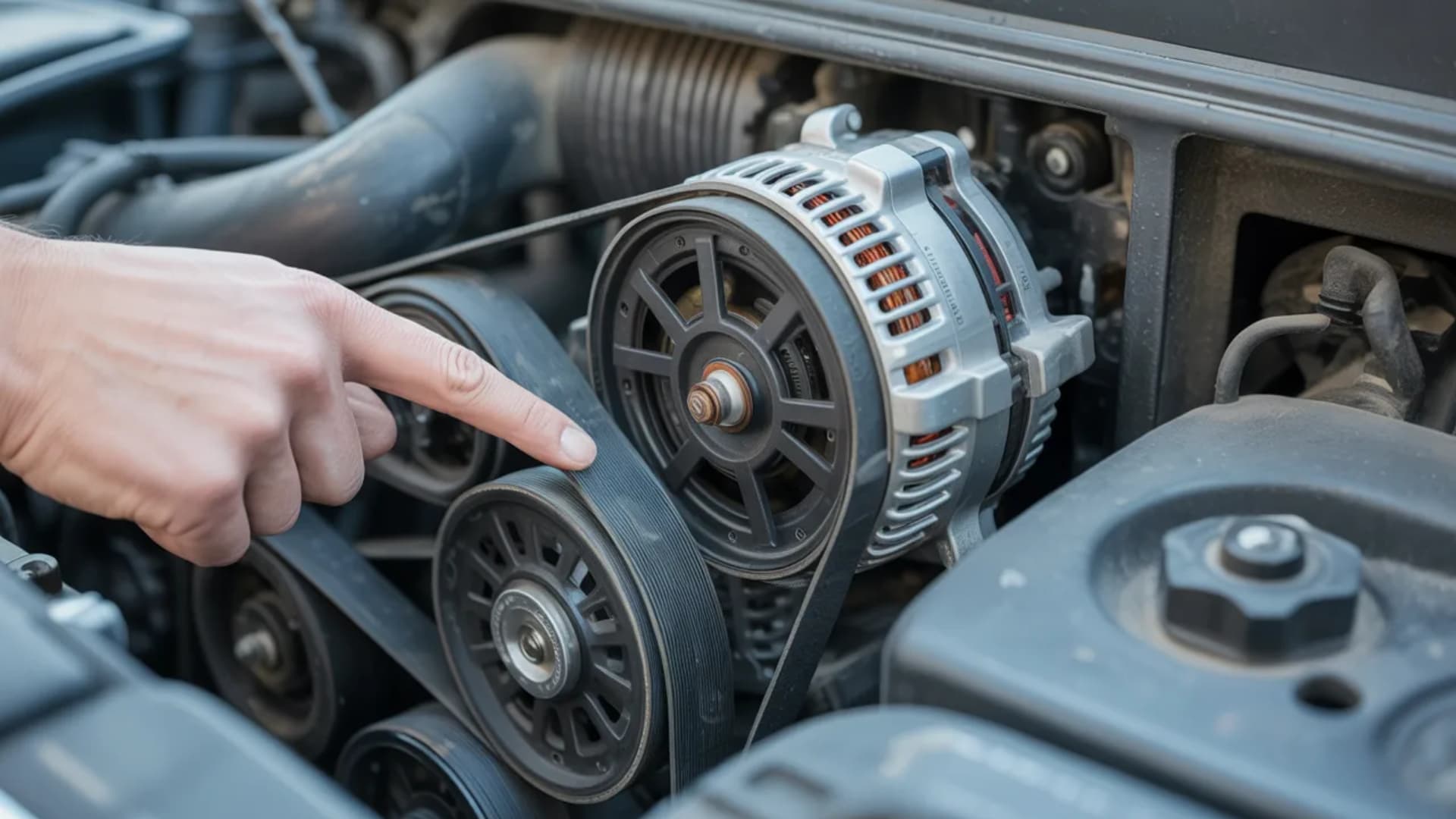 serpentine belt inside a car engine, showing visible cracks, worn spots, and slight looseness on the belt surface