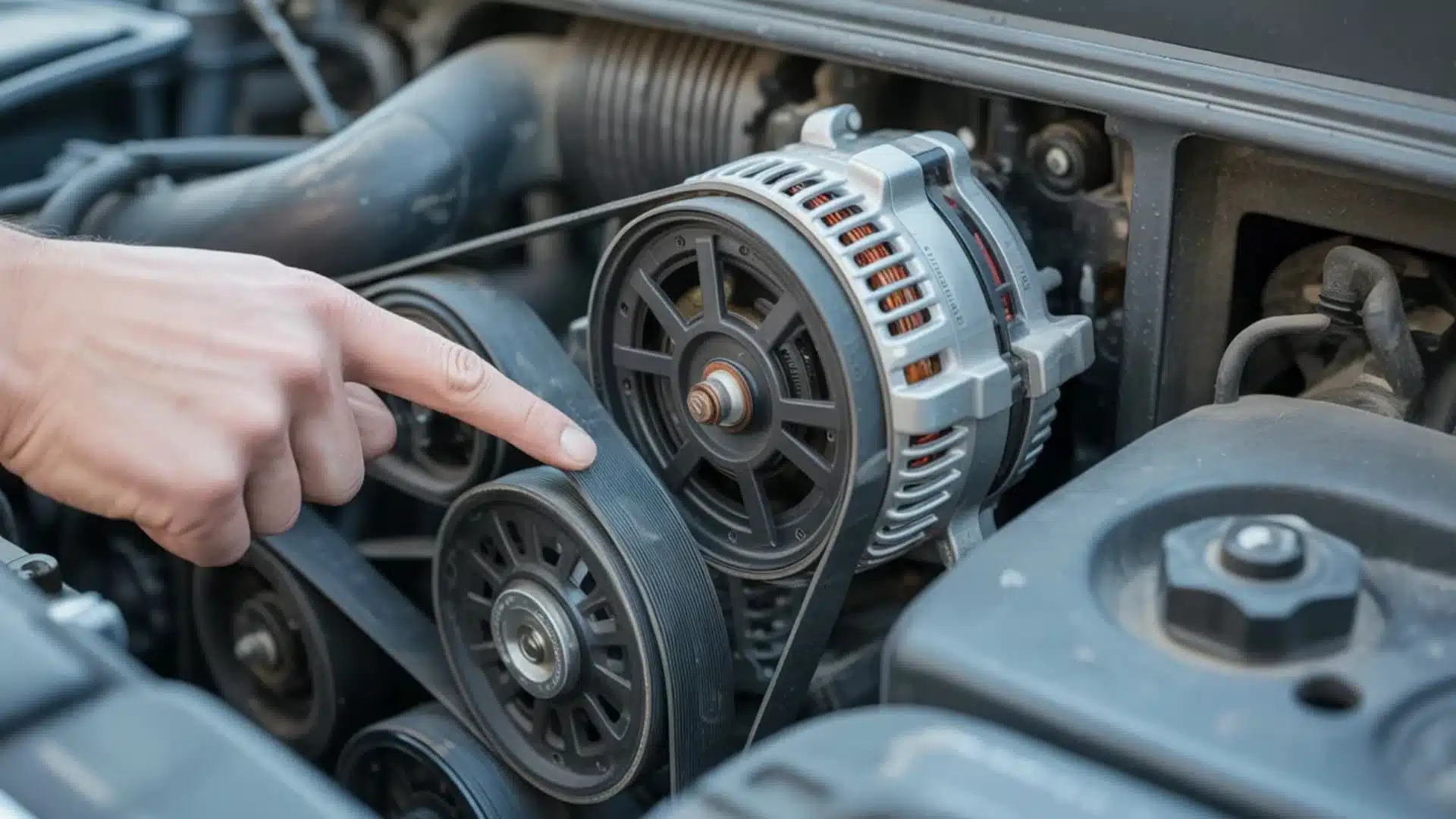 serpentine belt inside a car engine, showing visible cracks, worn spots, and slight looseness on the belt surface