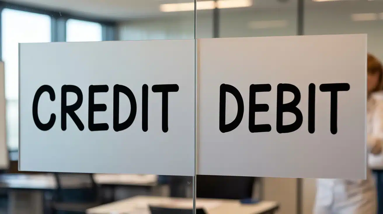 sign showing the words credit and debit on separate glass panels
