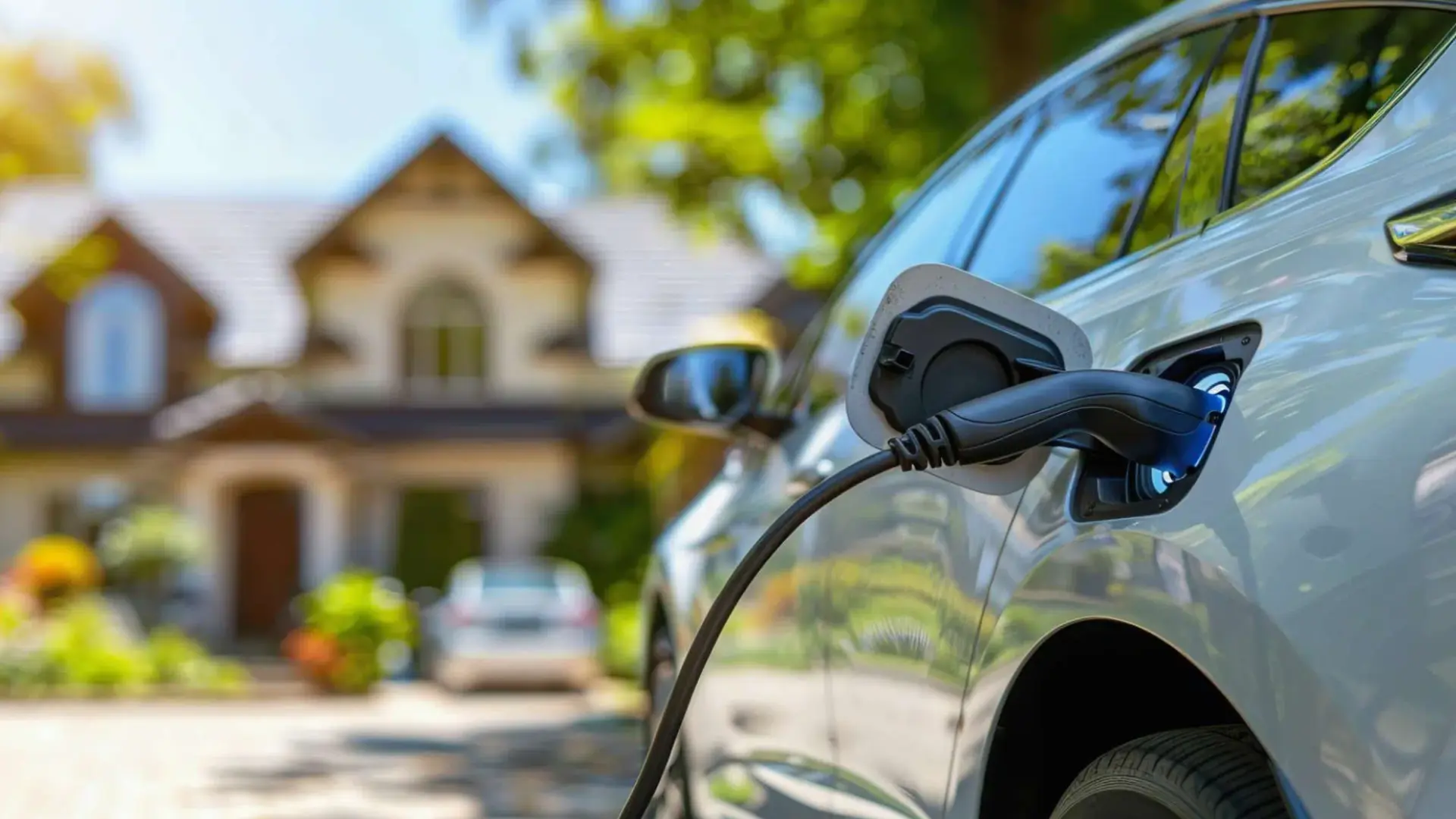 silver electric car plugged into a ccs charger in a residential driveway with a house in the background