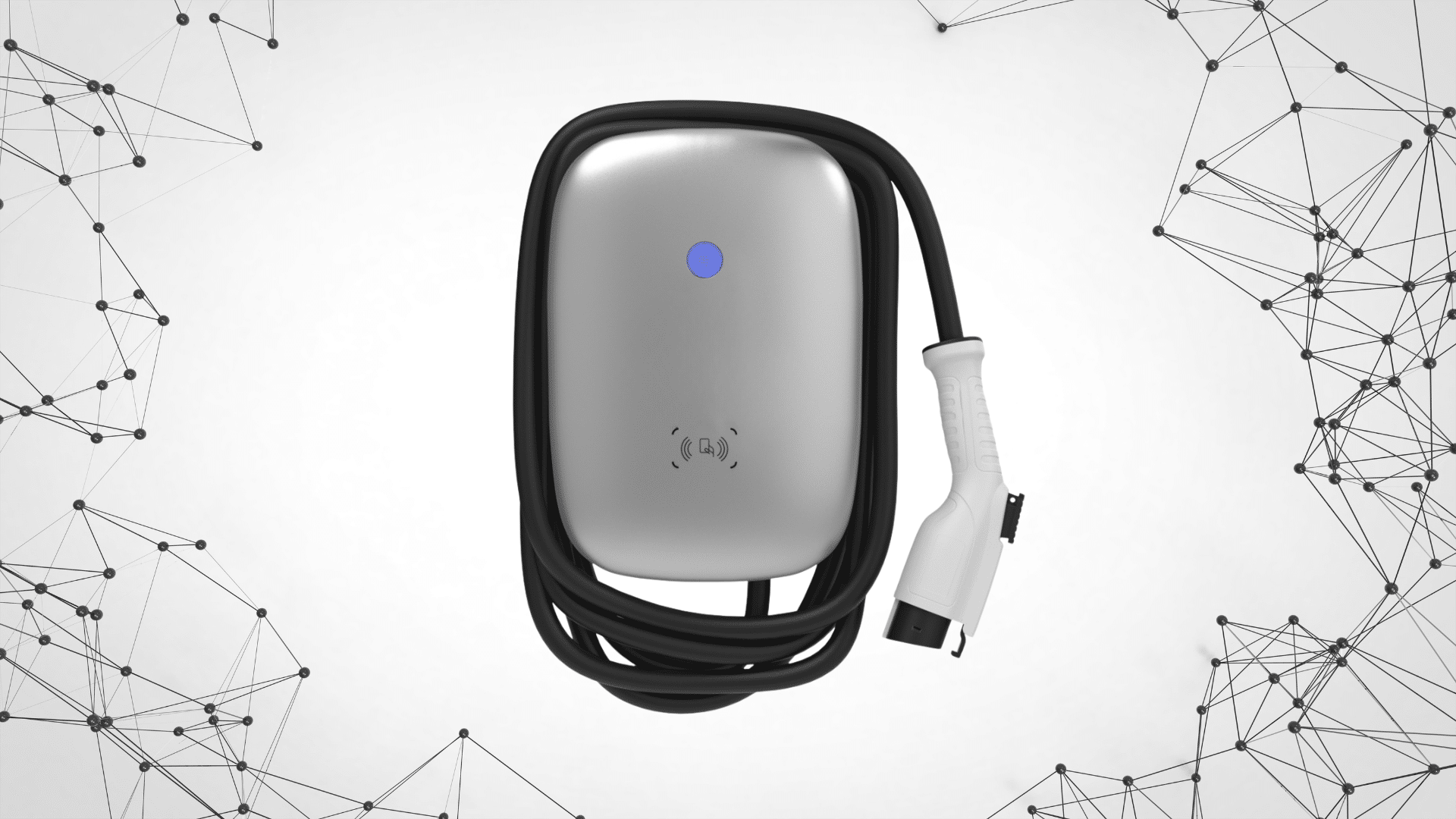 silver wall-mounted ev home charger with blue indicator light, black cable, and white charging connector