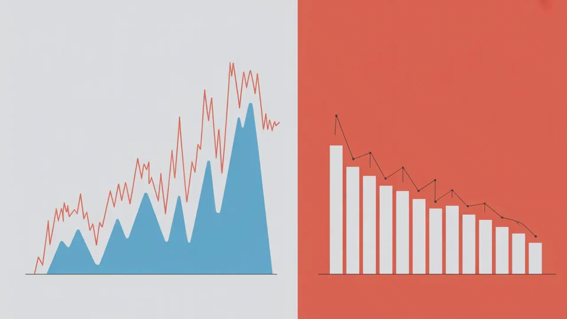 split image showing rising volatile stock chart on one side and steady declining bar graph on the other, contrasting performance trends