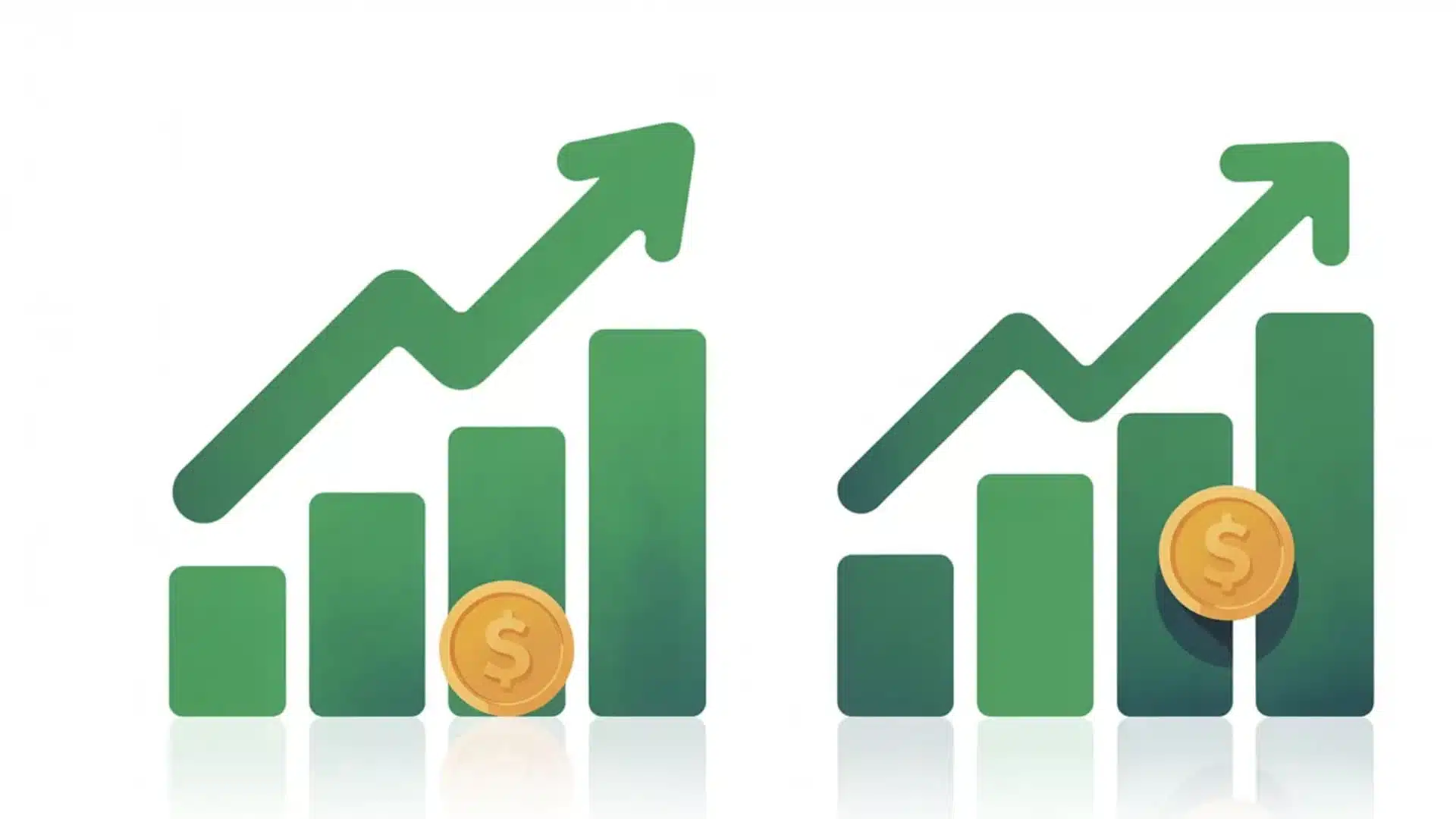 two green bar charts with upward arrows and coin icons, showing financial growth, investment returns, and increasing market performance trends (1)