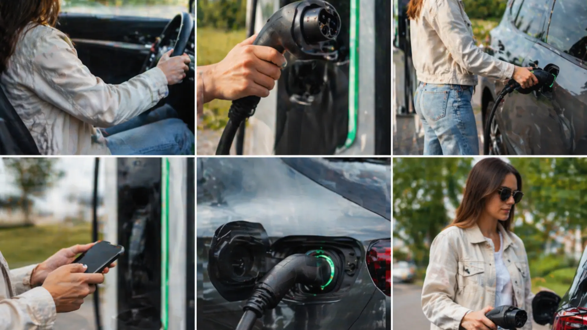 woman using a ccs charger at a public ev station showing plugging in, app payment, and active charging steps