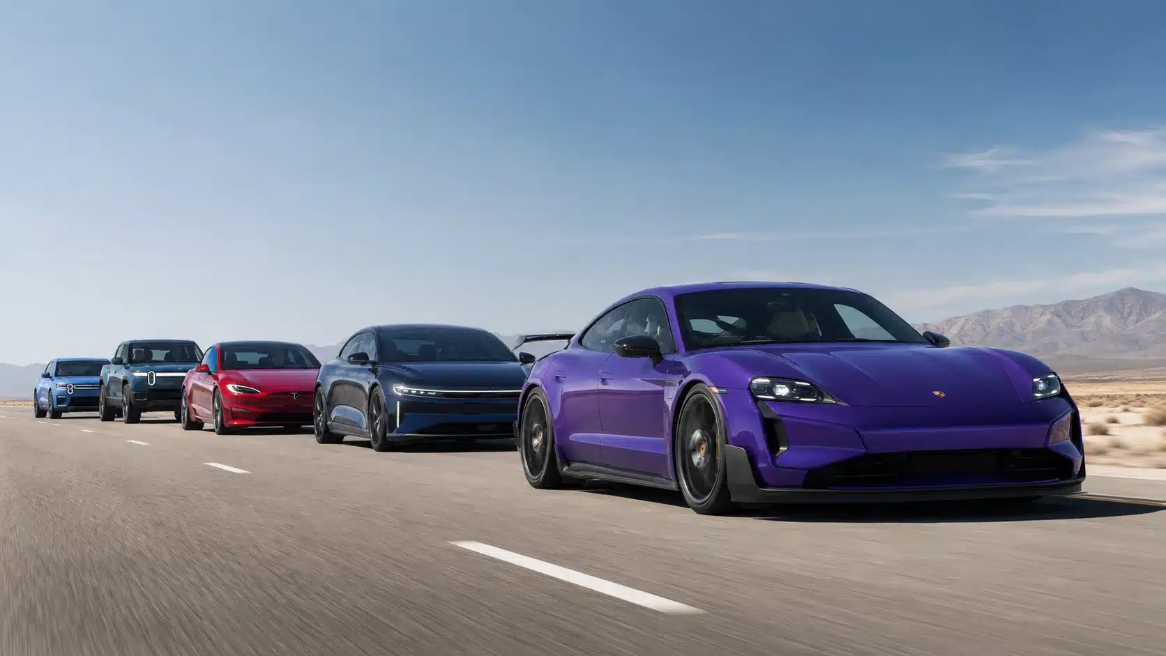 A lineup of fast electric cars driving on an open desert highway, led by a purple Porsche Taycan Turbo GT Weissach. The image shows speed, power, and modern EV performance in a clean, high-end driving scene.
