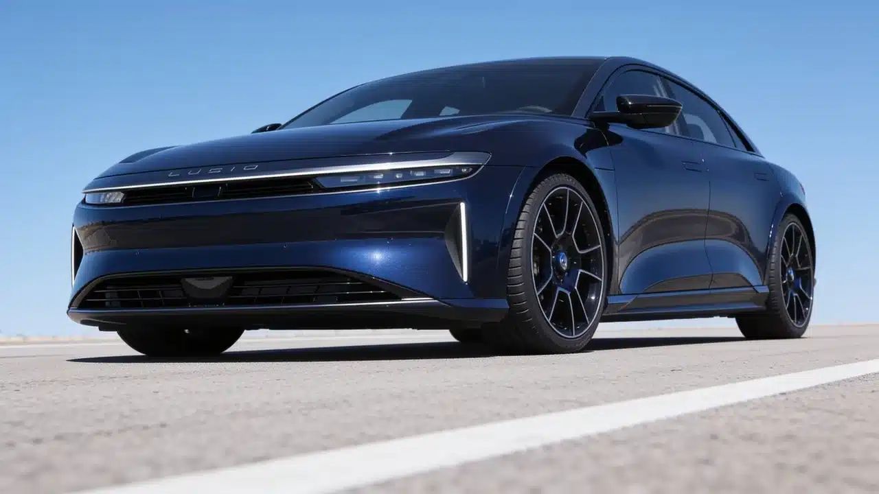 Alt text Dark blue Lucid Air Sapphire electric sedan parked on an open road under a clear blue sky.
